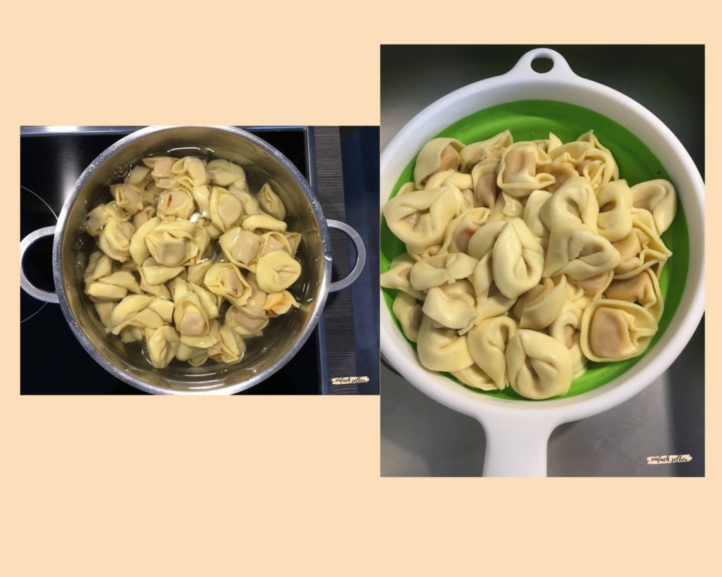 Tortellini im Kochtopf und die abgeseihten Tortellini